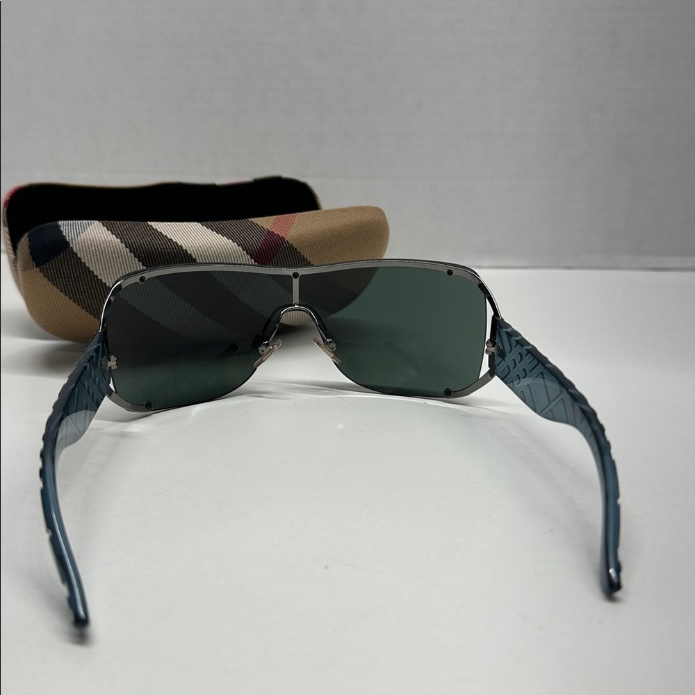 Burberry Shield Sunglasses Oversized Designer Glasses Silver Metal Blue Frames - Picture 3 of 11